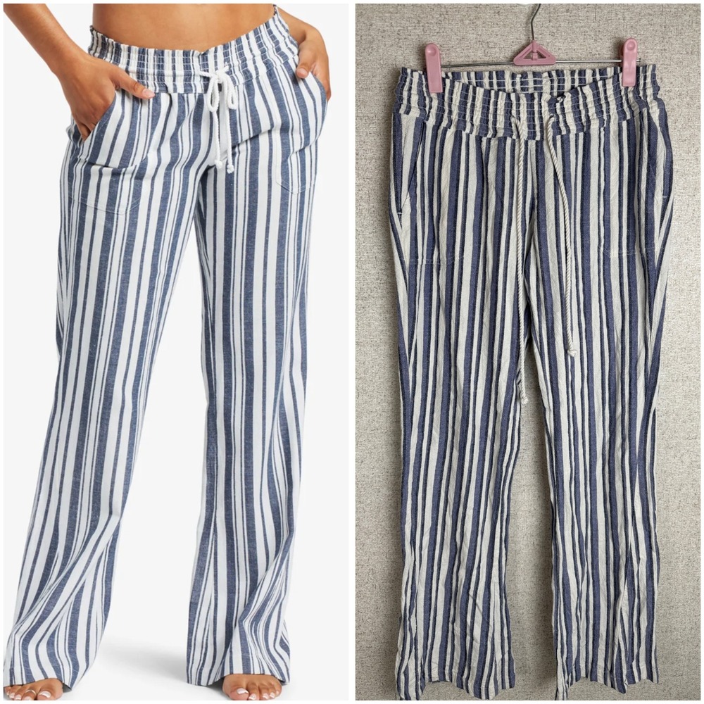 Roxy Blue White Striped Linen Blend Beach Pants Size S Drawstring Wide Leg